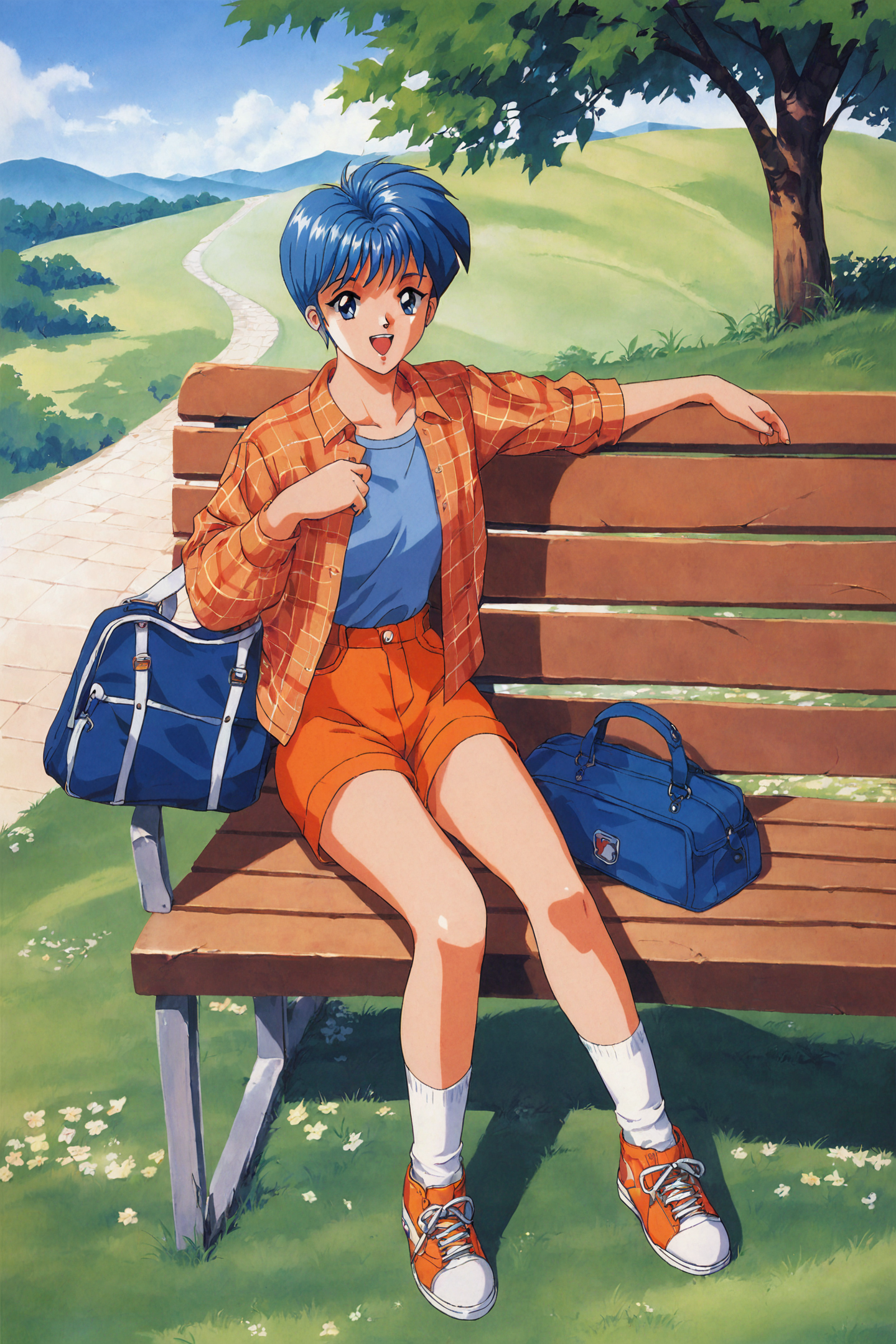 32983-461708566-score_9,score_8_up,score_7_up,masterpiece,best quality,_1girl,solo,sitting,retro artstyle,blue hair,outdoors,shorts,blue eyes,op.png